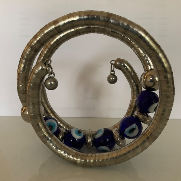 Silver Coil Evil Eye Bracelet/Choker – Blue Glass Beads, Wrap Style, Adjustable - Picture 2 of 9